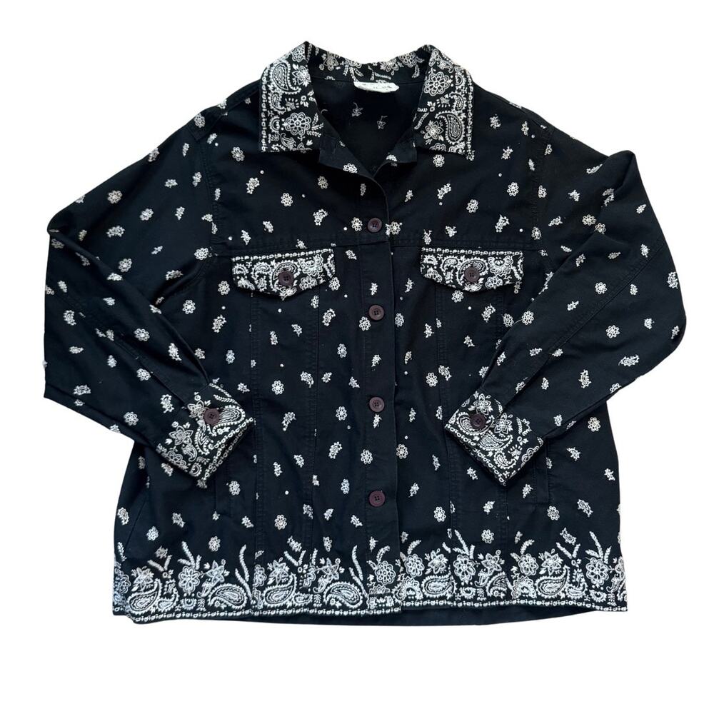 Quacker Factory Bandana Paisley Print Black Jacket XL/XXL Beaded Rhinestone